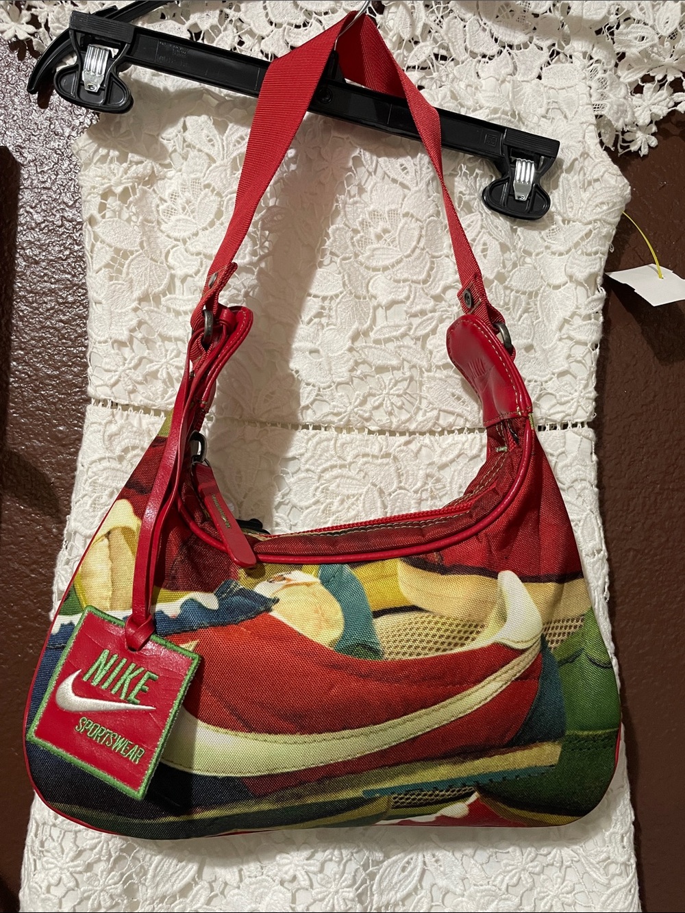 Nike Red Retro Cortez Multi-Print Canvas Shoulder Baguette Bag